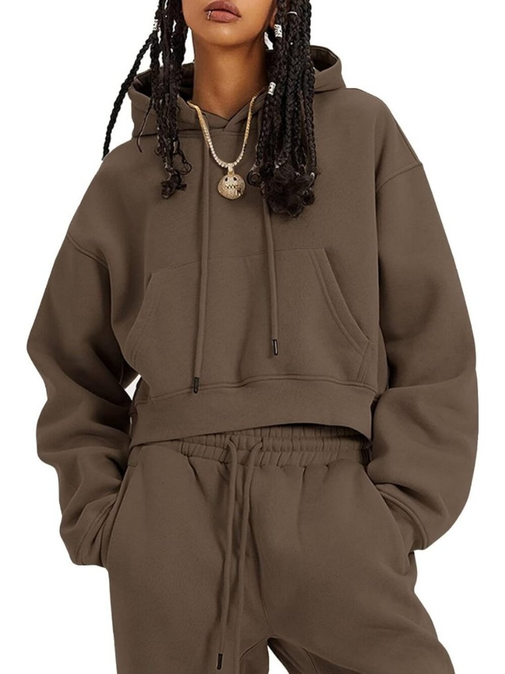 Cozy Women's Fleece 2-Piece Sweatsuit Set - Hoodie & Crop Top with Pants